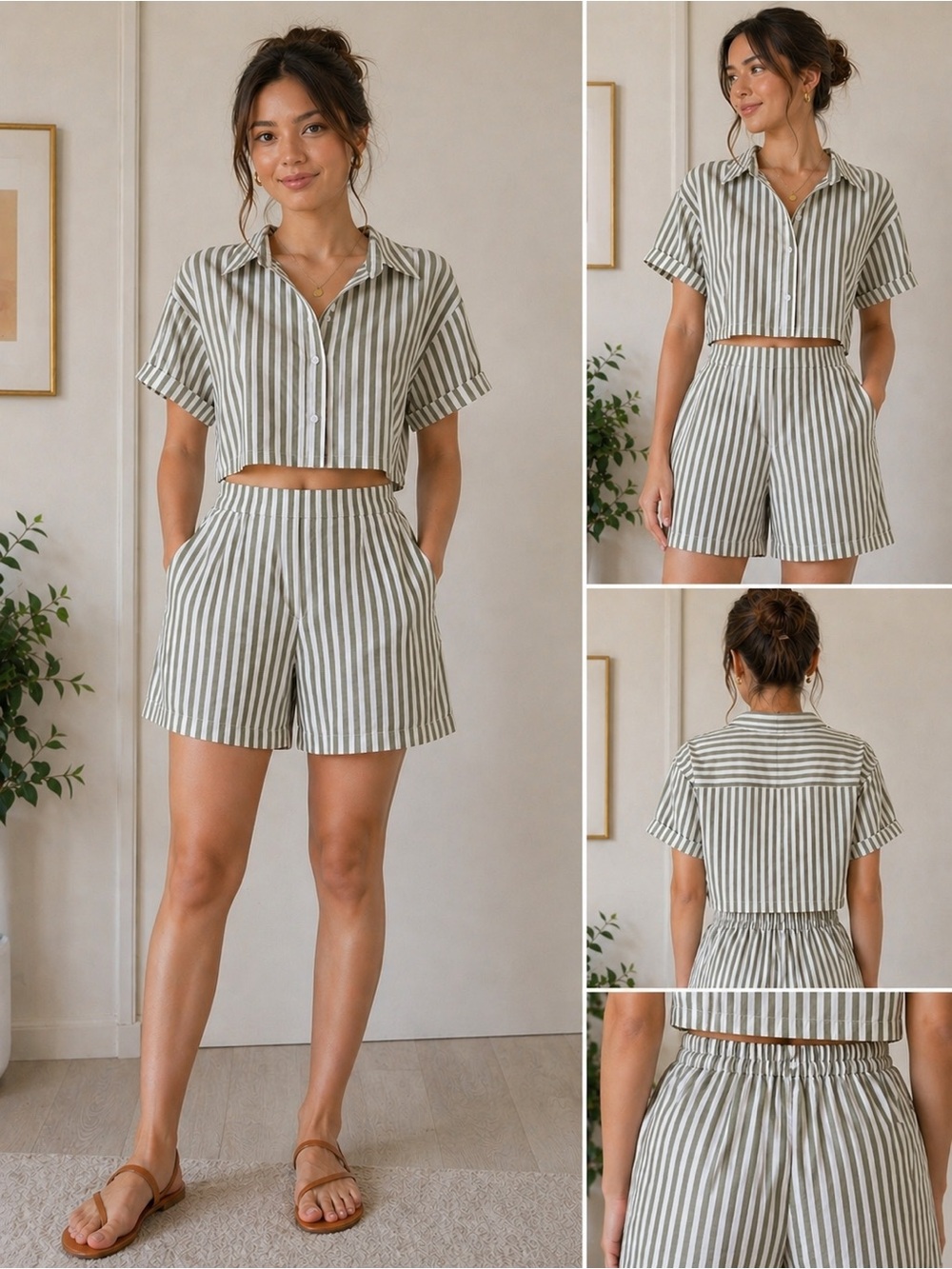 Striped Shirt and Shorts Set - Green and White